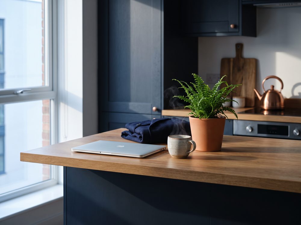 A quiet morning scene in an Ice Homes serviced apartment kitchen with a laptop and coffee