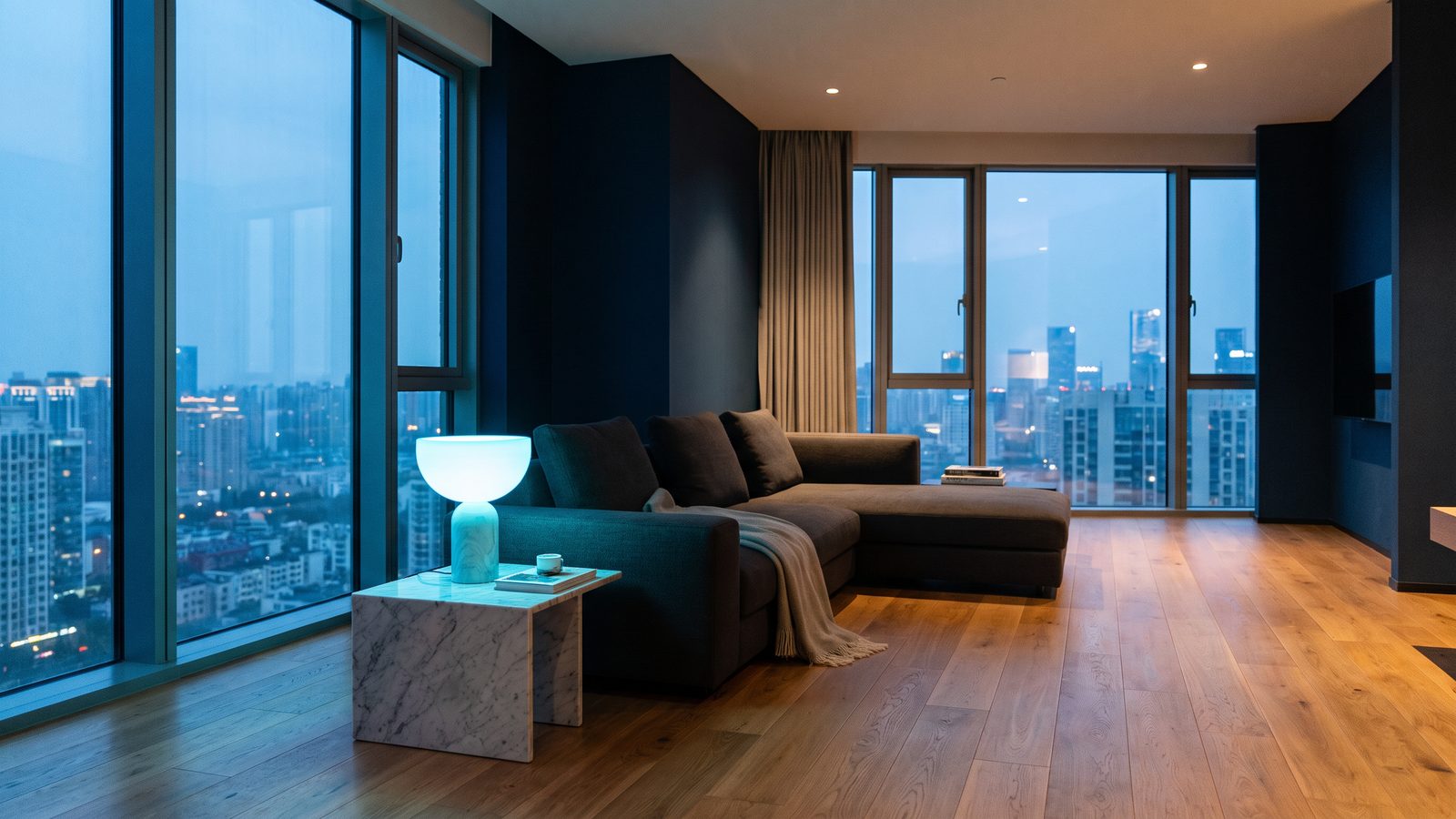 A softly lit, premium serviced apartment living room managed by Ice Homes